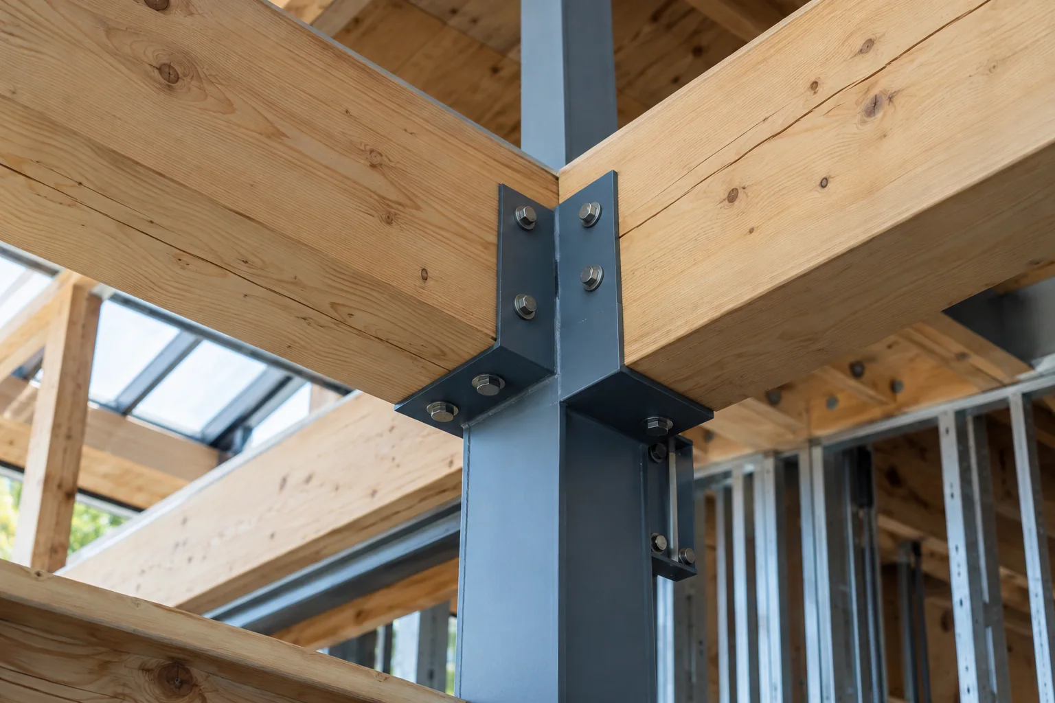 Illustrative timber and steel structural connection